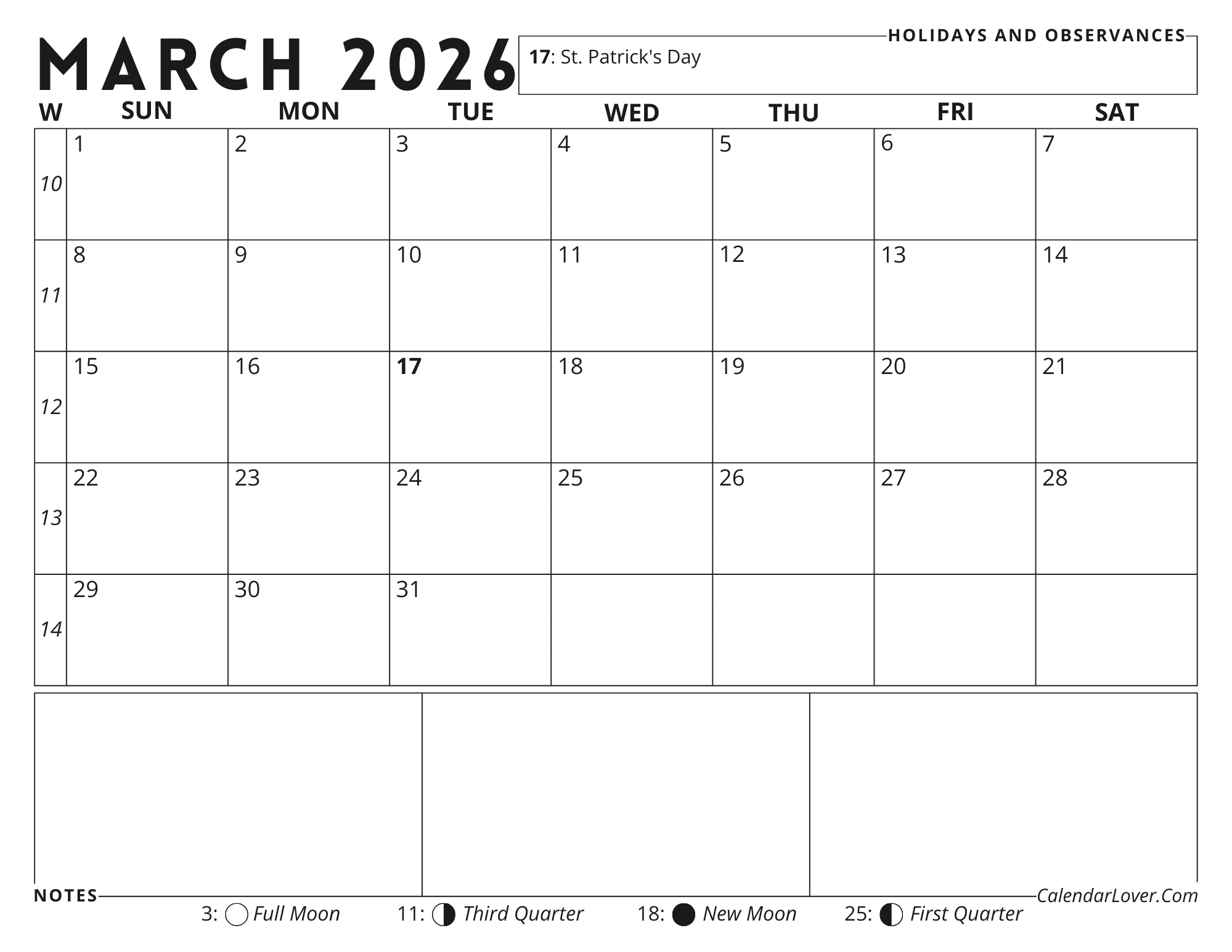 Simple March 2026 calendar with holidays, week numbers, and a notes section.