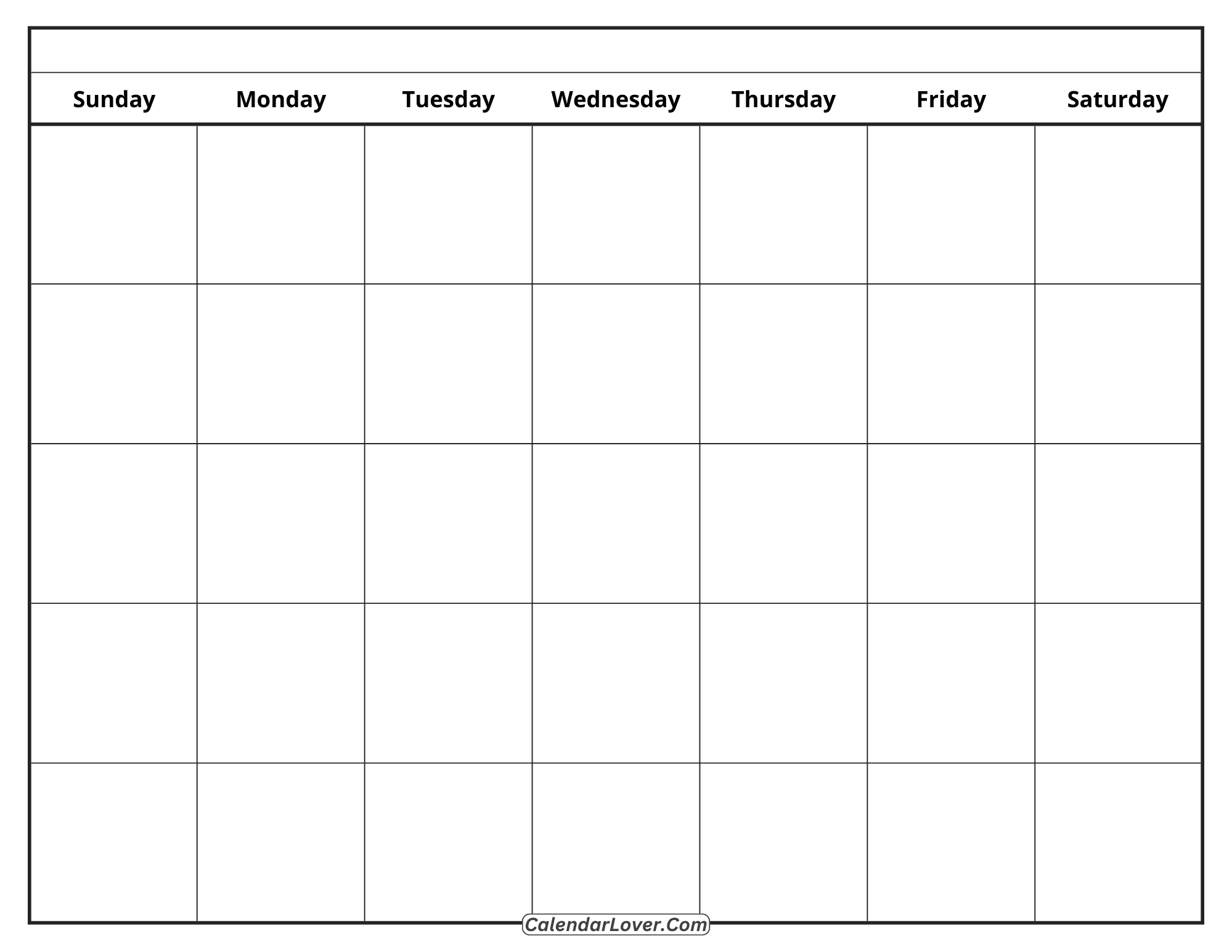 Simple blank monthly calendar with large boxes and bold weekday headers.