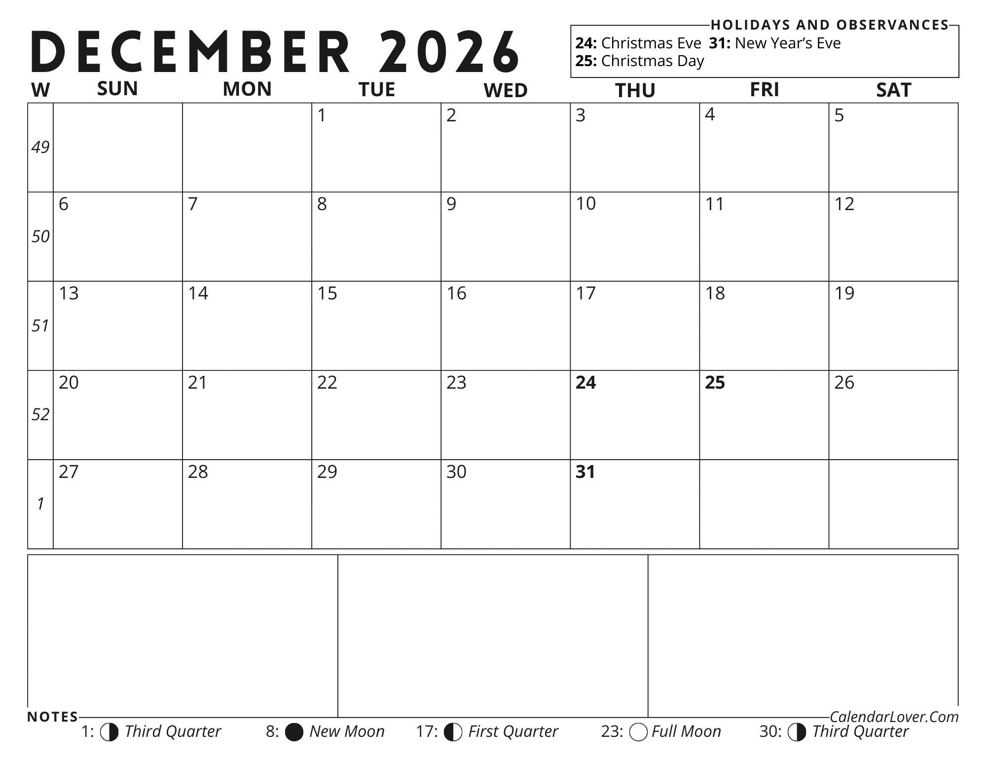 Simple December 2026 calendar with holidays, week numbers and a notes section.